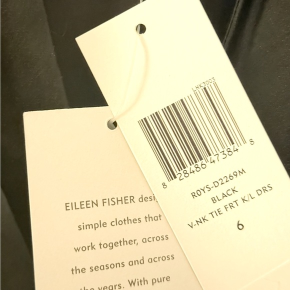 NWT Eileen Fisher Black Steel Satin V-Neck Sleeveless Front Tie Dress Size 6 - Picture 7 of 8